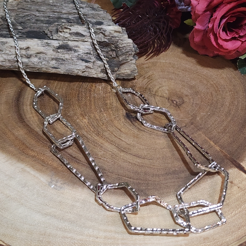 Silver Toned Statement Necklace with Textured Hammered Look Geometric Links